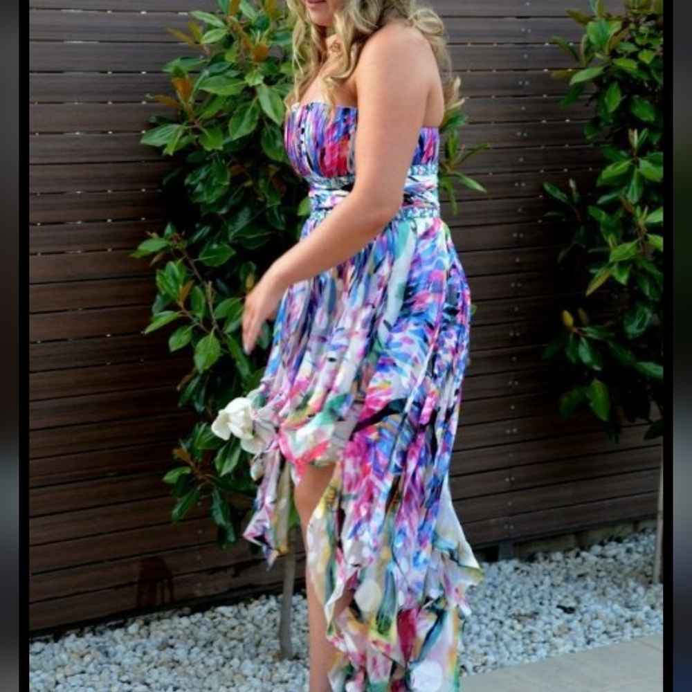 La Femme Women's Multi Coloured Gems Formal Evening Strapless Silk Dress Size 6